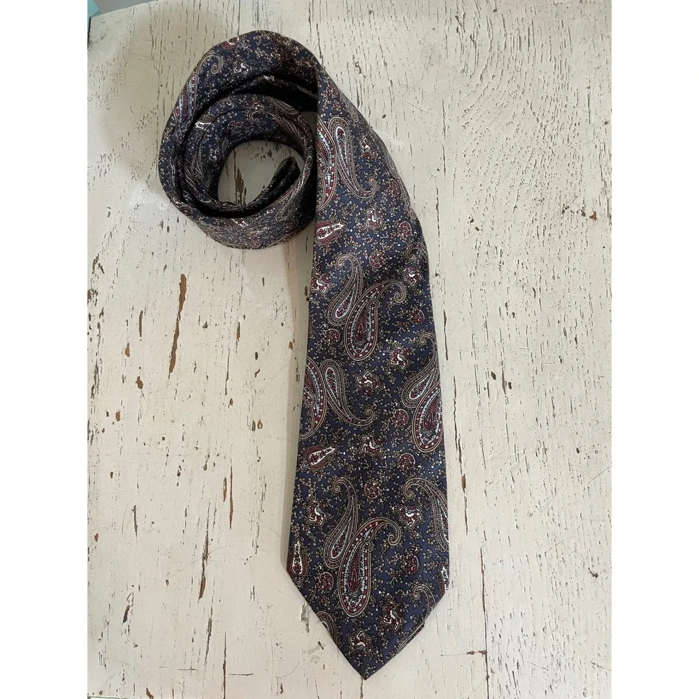 Christian Dior‎ Silk Tie Mens Navy Blue Burgundy Gold Paisley Vintage Necktie